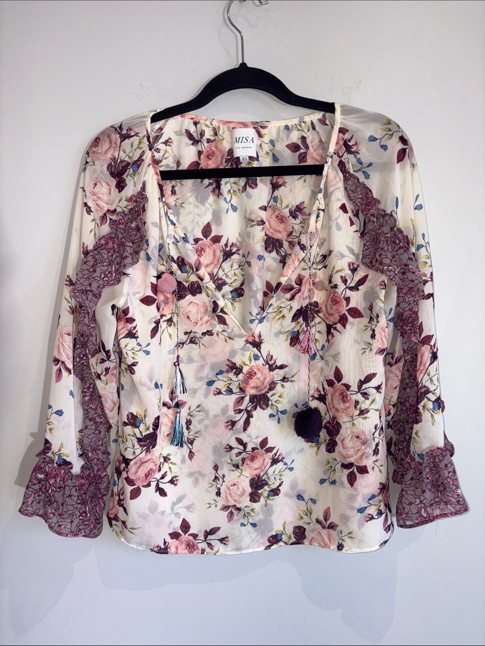 Misa Los Angeles Cream Floral Blouse with Pink Roses & Mauve Lace